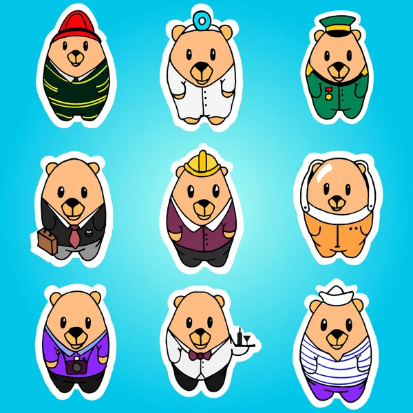 Big vector set of nine cartoon bears, different professions. Doctor, engineer, businessman, astronaut, waiter, photographer, sailor, soldier, firefighter. Hand drawing characters for you design, print
