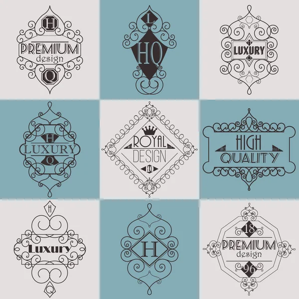 Retro tasarım lüks Insignias logolar şablon kümesi. Hat sanat vektör Vintage tarzı Victoria süs öğeleri. Zarif geometrik parlak çiçek çerçeveler.