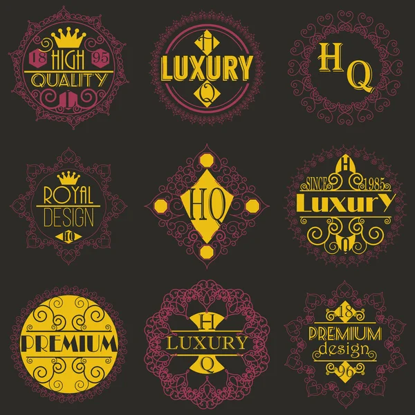 Retro tasarım lüks Insignias logolar şablon kümesi. Hat sanat vektör Vintage tarzı Victoria süs öğeleri. Zarif geometrik parlak çiçek çerçeveler.