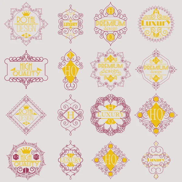 Diseño retro Lujo Insignias Logotipos Plantilla Conjunto. Line Art Vector Vintage Style Victorian Swash Elements. Elegantes marcos florales brillantes geométricos . — Vector de stock