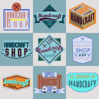 Renk retro tasarım insignias logolar kümesi. El sanatları sanat ve el yapımı illüstrasyonlar. Vektör vintage öğeler.