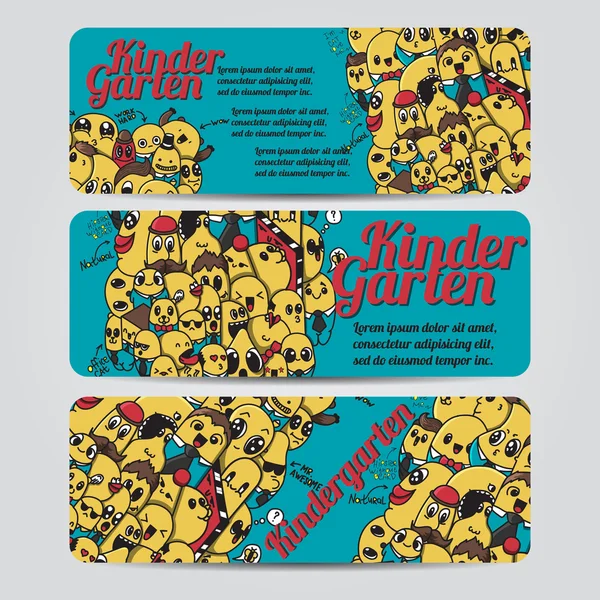 Vektor handgezeichnete Kritzeleien Kindergarten Design Banner, Karten, Postkarten, Broschüren, Einladung, Briefe und Poster Vorlagen-Set — Stockvektor