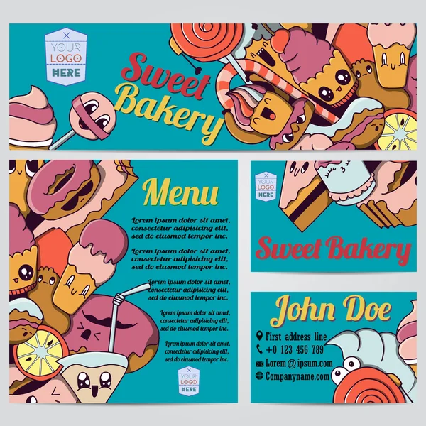 Sladké pekařství Menu Card Design šablony. Vektorové ilustrace. — Stockový vektor