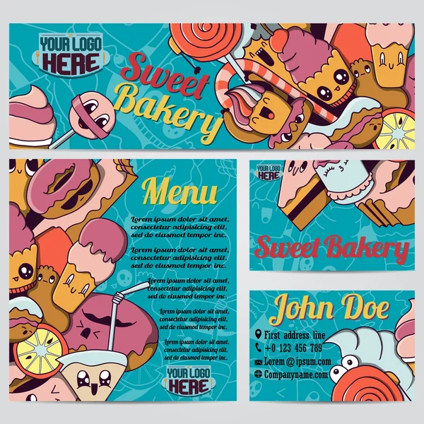 Sladké pekařství Menu Card Design šablony. Vektorové ilustrace. — Stockový vektor