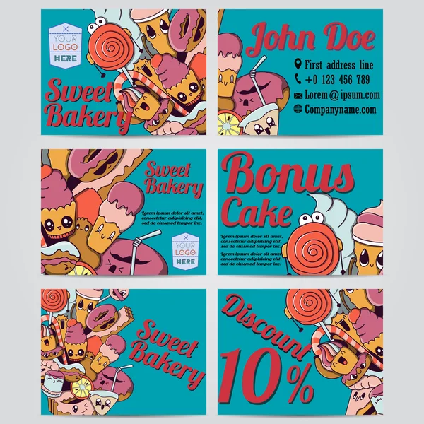 Vector dibujado a mano garabatos productos de panadería dulce diseño de pancartas, tarjetas, postales, folletos y carteles conjunto de plantillas — Archivo Imágenes Vectoriales