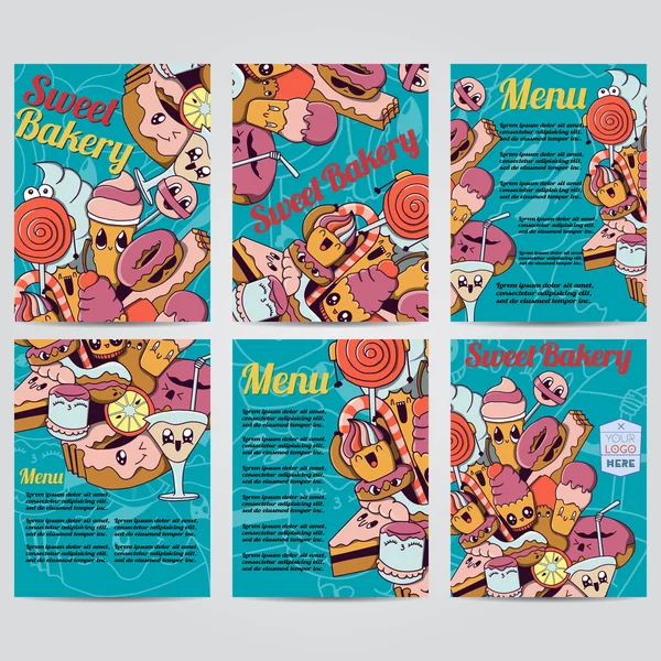 Vektor kézzel rajzolt doodles édes sütőipari termékek tervezése bannerek, kártyák, képeslapok, brosúrák és poszterek sablon készlet — Stock Vector