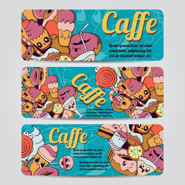 Vector hand dras doodles caffe design banners, kort, vykort, broschyrer, inbjudan, bokstäver och affischer mallen uppsättning — Stock vektor