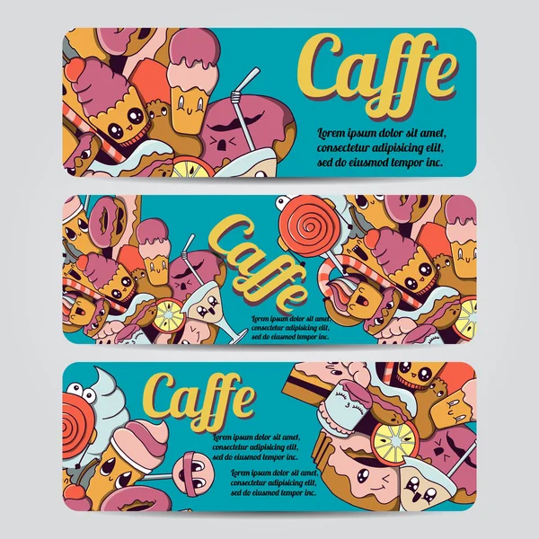 Vektor handgezeichnete Doodles Caffe Design Banner, Karten, Postkarten, Broschüren, Einladungen, Briefe und Poster Vorlagen-Set — Stockvektor