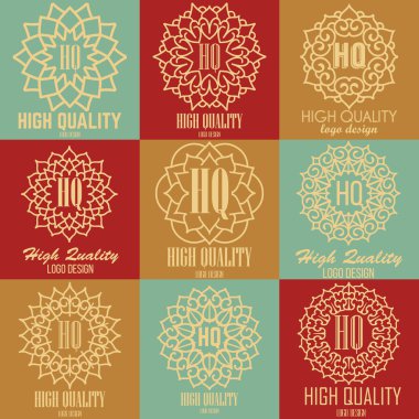 Retro design luxury insignias logotypes template set. Lineart vector vintage style victorian swash elements. Elegant geometric shiny floral frames.