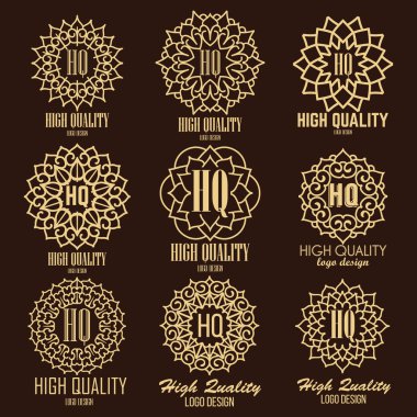 Retro design luxury insignias logotypes template set. Lineart vector vintage style victorian swash elements. Elegant geometric shiny floral frames.