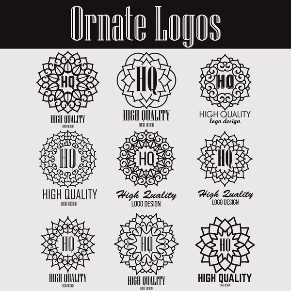 Retro design luxury insignias logotypes template set. Line art vector vintage style victorian swash elements. Elegant geometric shiny floral frames. — Stock Vector