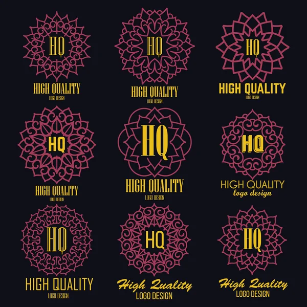 Retro design luxury insignias logotypes template set. Lineart vector vintage style victorian swash elements. Elegant geometric shiny floral frames. — 图库矢量图片