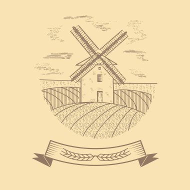 Vintage retro tarzında alanların arkaplanındaki yel değirmeni