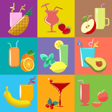 Kokteyller, meyve suları, meyveler, set