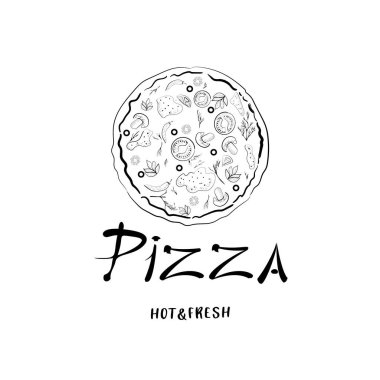 Beyaz arkaplanda, eskiz tarzında tek renk pizza.