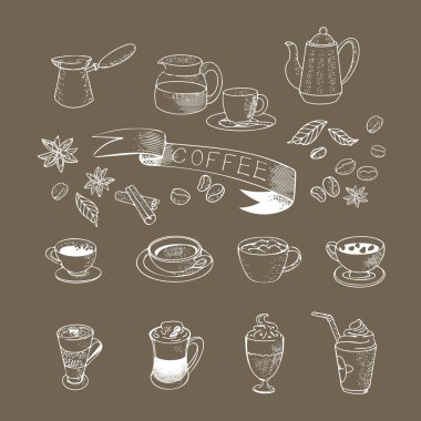 Klasik eskiz tarzında kahve simgeleri
