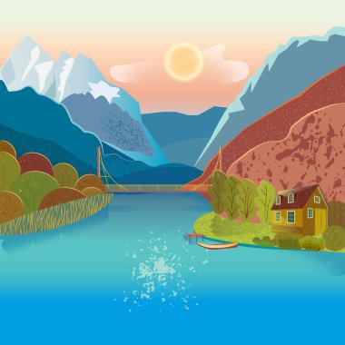 Göl ve ev olan dağ manzarası