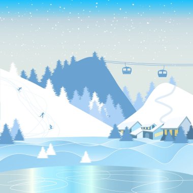 Donmuş göl, dağ beldesi ve kayakçılarla kış manzarası