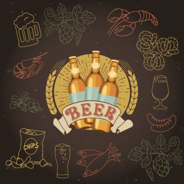 Bira şişesi logosu arka planda bira atıştırmalıkları.