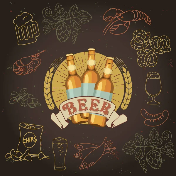 Logo de la bière en bouteilles sur le fond des collations à la bière. — Image vectorielle