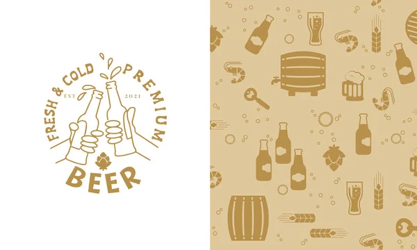 Bir grup ikon ve bira logosundan biranın pürüzsüz deseni — Stok Vektör
