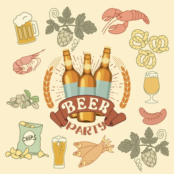 Logo Bière Avec Snacks Bouteilles Bière Réalistes Sur Fond Sombre — Image vectorielle