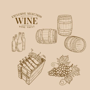 Şarap fıçıları ve fıçıları, şarap şişeleri, üzüm fırçası, şarap mahzeni..