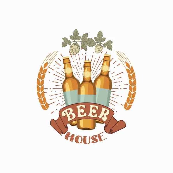 Logo Birra Hous Emblema Vettoriale Con Birra Bottiglia — Vettoriale Stock