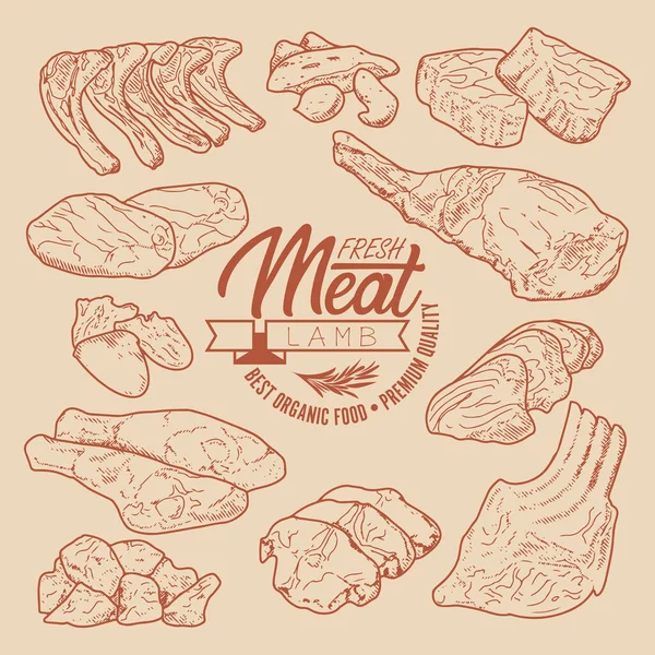 Aufkleber Von Fleischprodukten Lamm Metzgerei Lebensmittel Fleisch Produkt Skizze Graviert — Stockvektor