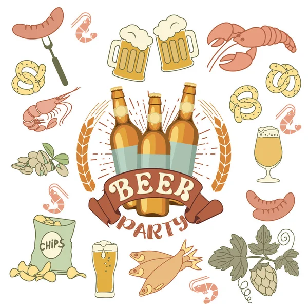 啤酒派对 啤酒和零食向量集 — 图库矢量图片