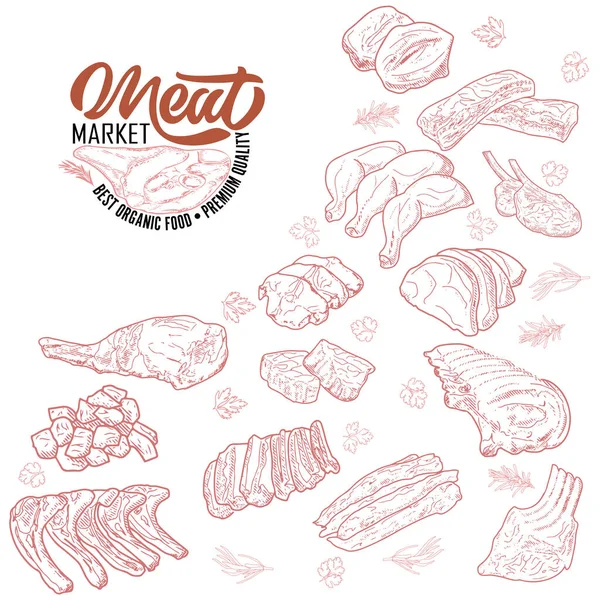 Carne crua fresca gravada design —  Vetores de Stock