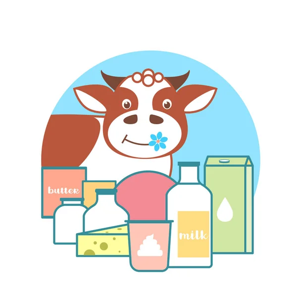 Mléčné výrobky a kreslená kráva — Stockový vektor