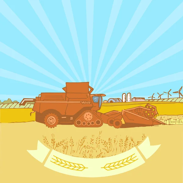 Combine colheitadeira em um campo com trigo —  Vetores de Stock