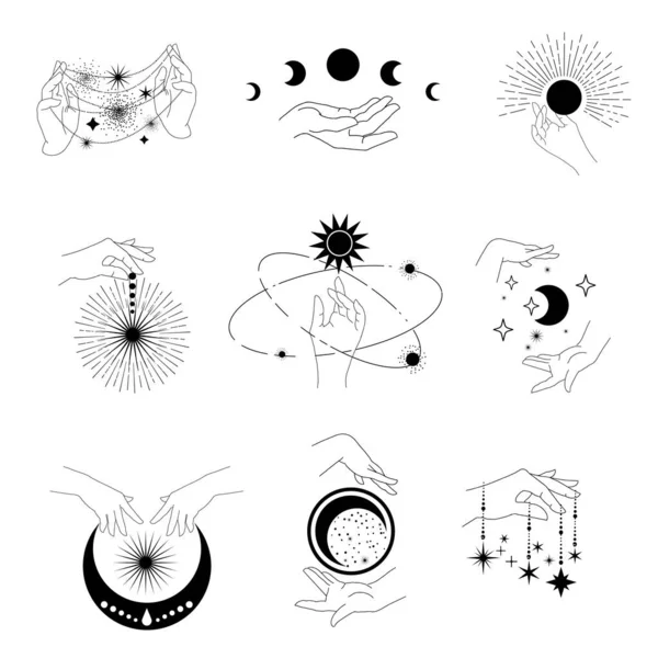 Esoterische symbolen in vrouwenhanden — Stockvector