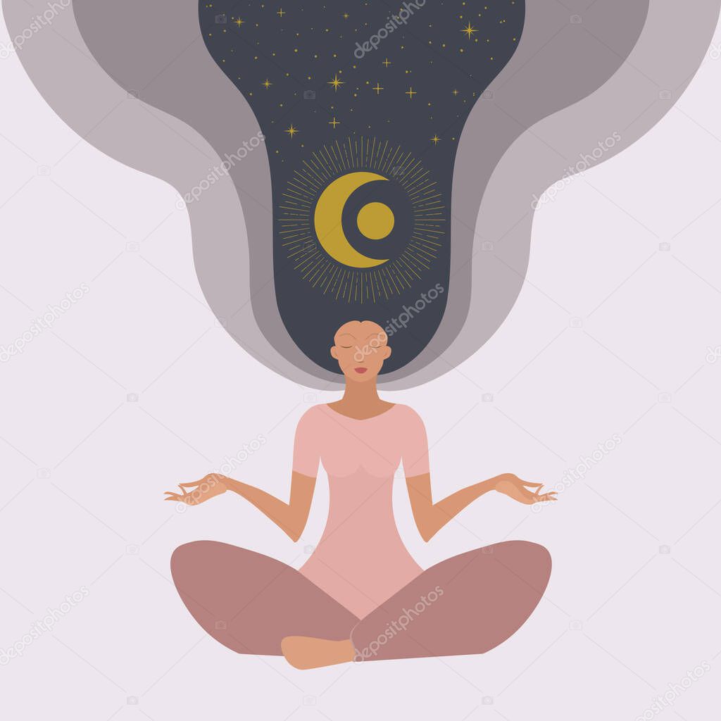 Yoga woman and cosmos