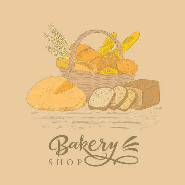 Bäckereiemblem Handgezeichneter Sketch Mit Brot Gebäck Süßem Bäckerei Gravierten Stil — Stockvektor