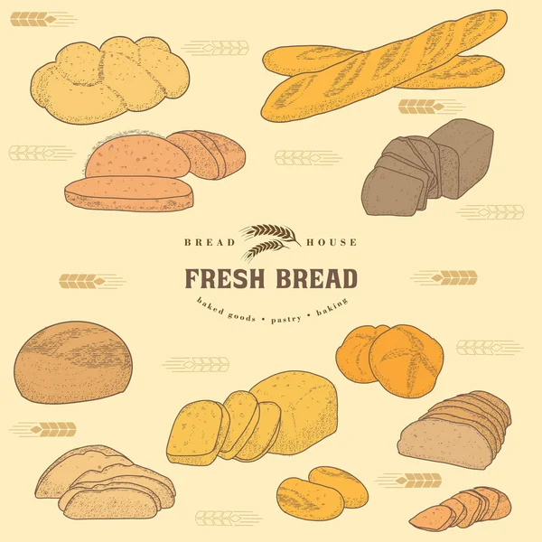 Bäckereiemblem und Brotset — Stockvektor