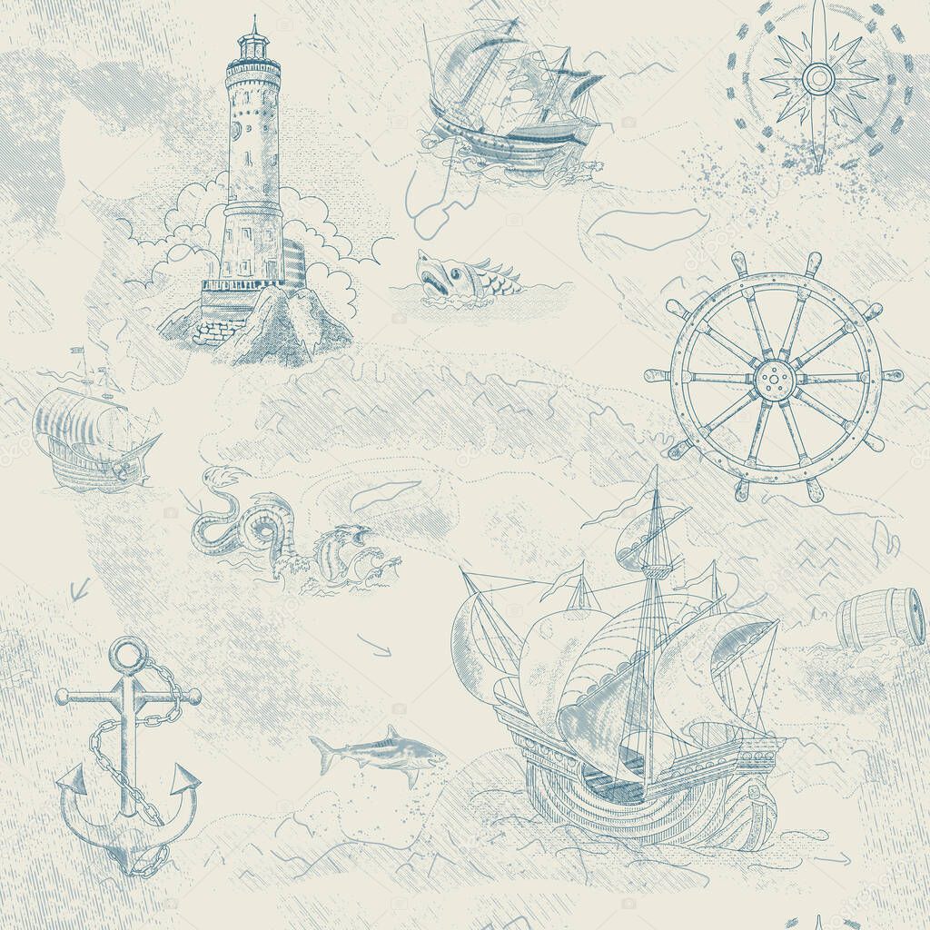 Seamless pattern with vintage-style sea navigation items