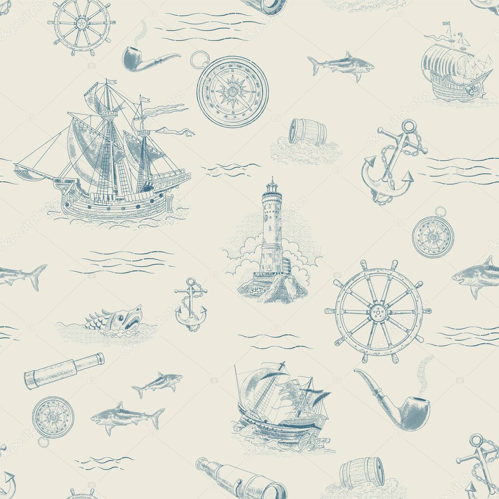 Seamless pattern with vintage-style sea navigation items