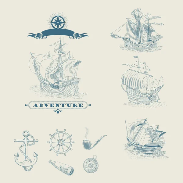 Un conjunto de objetos con elementos de navegación de mar de estilo vintage — Vector de stock