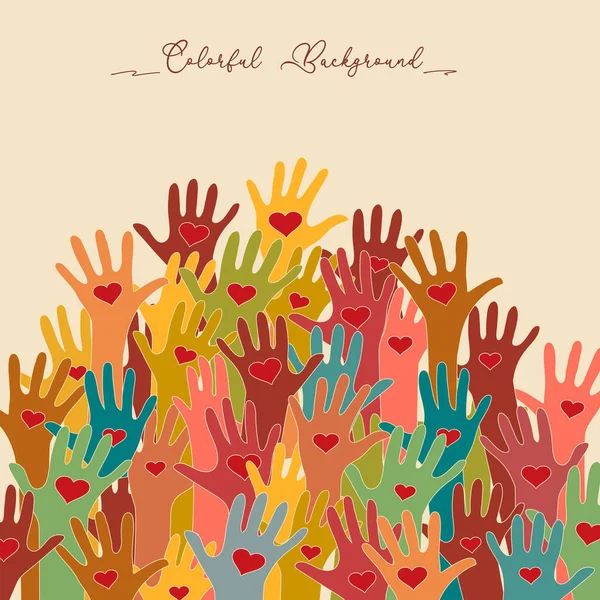 Mains multicolores avec des cœurs dans les paumes — Image vectorielle