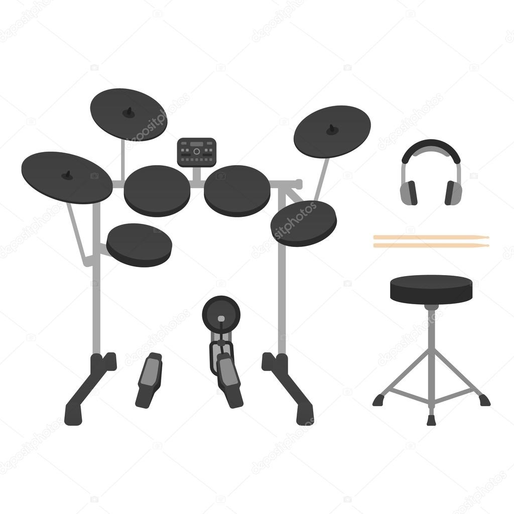 Electronic Drum Set, Headphones, Drumsticks and Drum Throne
