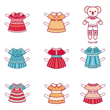 Kağıt bebek moda giysiler bir dizi ile. Beyaz arka plan üzerinde vektör çizim. 