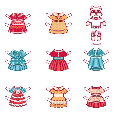 Kağıt bebek moda giysiler bir dizi ile. Beyaz arka plan üzerinde vektör çizim. 