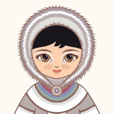 Eskimo kıyafetler. Kuzey kız. Eskimolar elbiseli kız. Tarihsel kıyafetler. Kuzey. Renkli çizimi. Portre. Avatar.