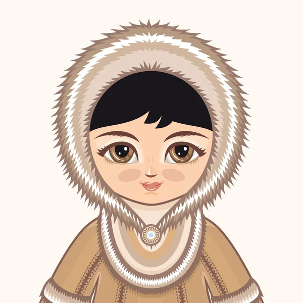 Βόρεια κορίτσι. Το κορίτσι στο Chukcha φόρεμα. Ιστορικά ρούχα. Στο βόρειο τμήμα. Ζωηρόχρωμο σχέδιο. Πορτρέτο. Avatar. — Διανυσματικό Αρχείο