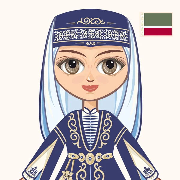 La chica del vestido checheno. Ropa histórica. Chechenia. Retrato. Avatar . — Vector de stock