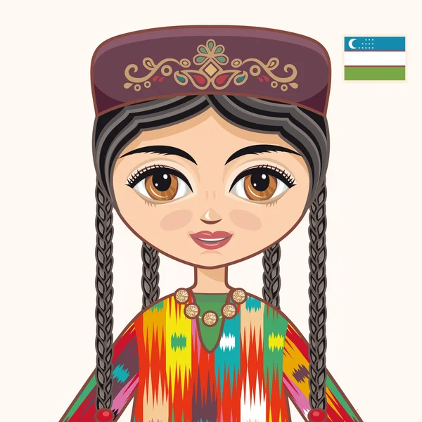 A rapariga de vestido uzbeque. Roupas históricas. Uzbequistão.A menina em vestido uzbeque. Roupas históricas. Uzbequistão. Retrato. Avatar. . — Vetor de Stock