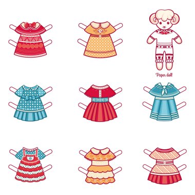 Moda giysiler iã§in bir dizi kağıt bebek. Sevimli koyun. Kesme şablonu. Beyaz arka planda vektör çizimi