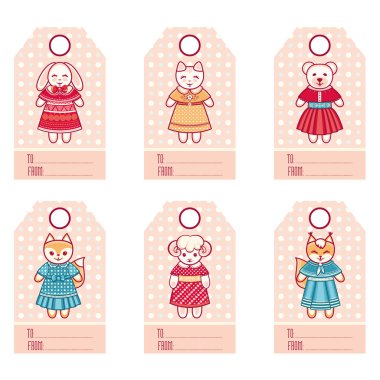 Hediye etiketleri ile sevimli hayvanlar. Parlak tatil etiket kümesi. Vektör çizim 